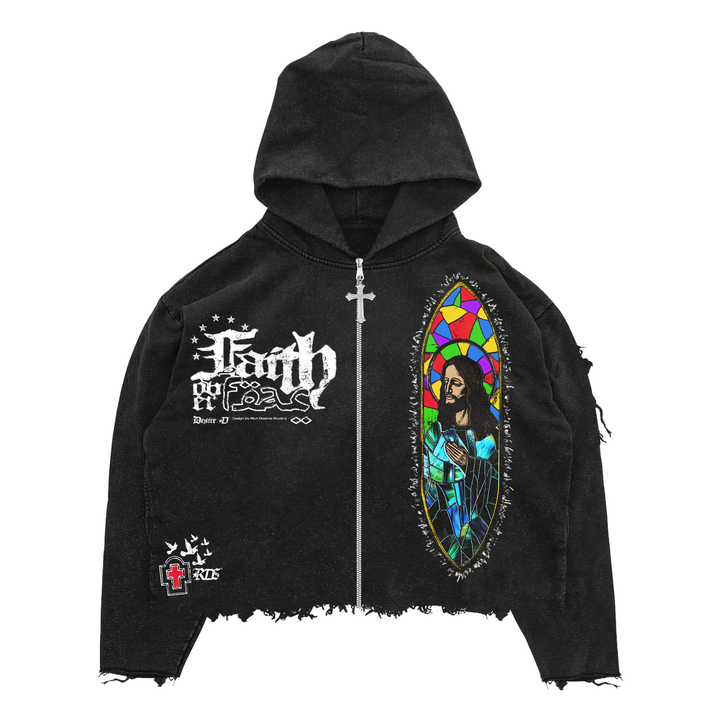 "Righteous Desires French Terry Fleece. w/ Half Rhinestoned hood.